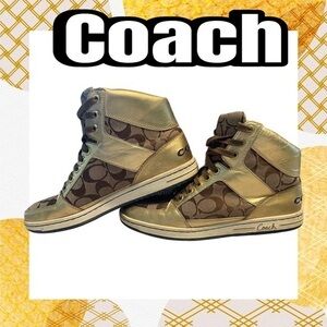 Coach Norra Gold Leather High Tops Sneakers Signature Print A1431 Size 9